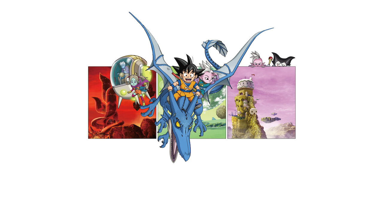 Imagen promocional de Dragon Ball Daima de Netflix, imagen dividida en tres partes con la izquierda una nave y una chica demonio, en el medio goku y shin montados a un dragón y finalmente a la derecha un paisaje de unas casas en una montaña, de detalles están dos villanos escondidos encima de la composición